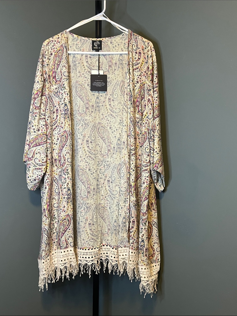 bobeau Cream Paisley Fringe Open-Front Cardigan